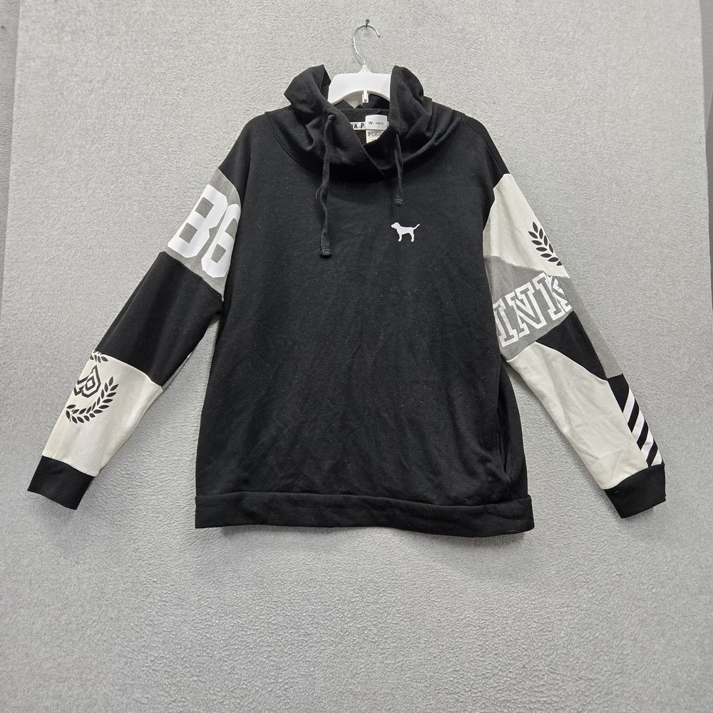 PINK Victoria's Secret Women Hoodie L Black Colorblock Dog Logo Fleece Pullover
